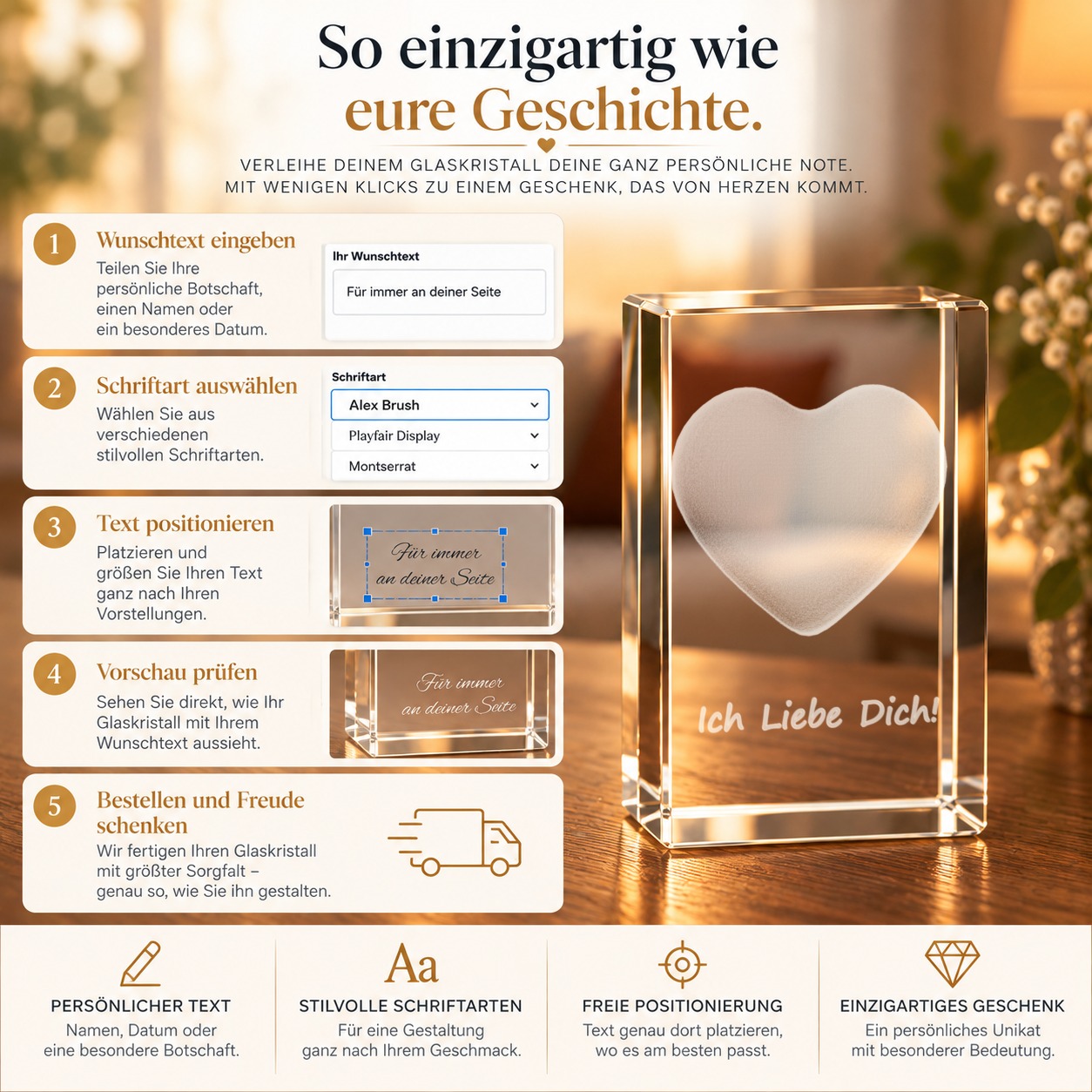 3D Glasquader I Herz I Text: Ich liebe Dich! – Personalisierung