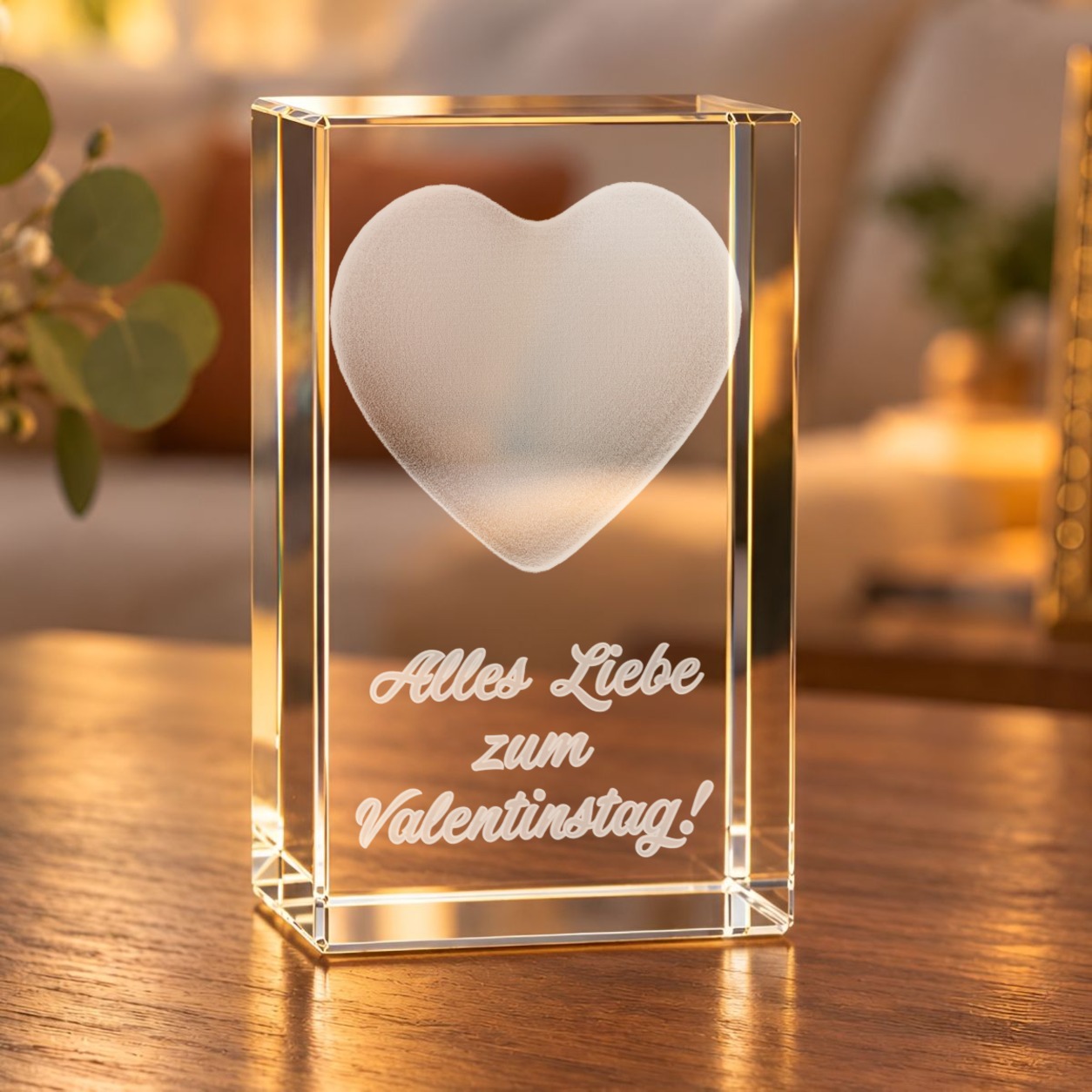 Glaskristall Herz zum Valentinstag mit 3D-Innengravur und Schriftzug „Alles Liebe zum Valentinstag!“ auf einem Holztisch im Wohnraum
