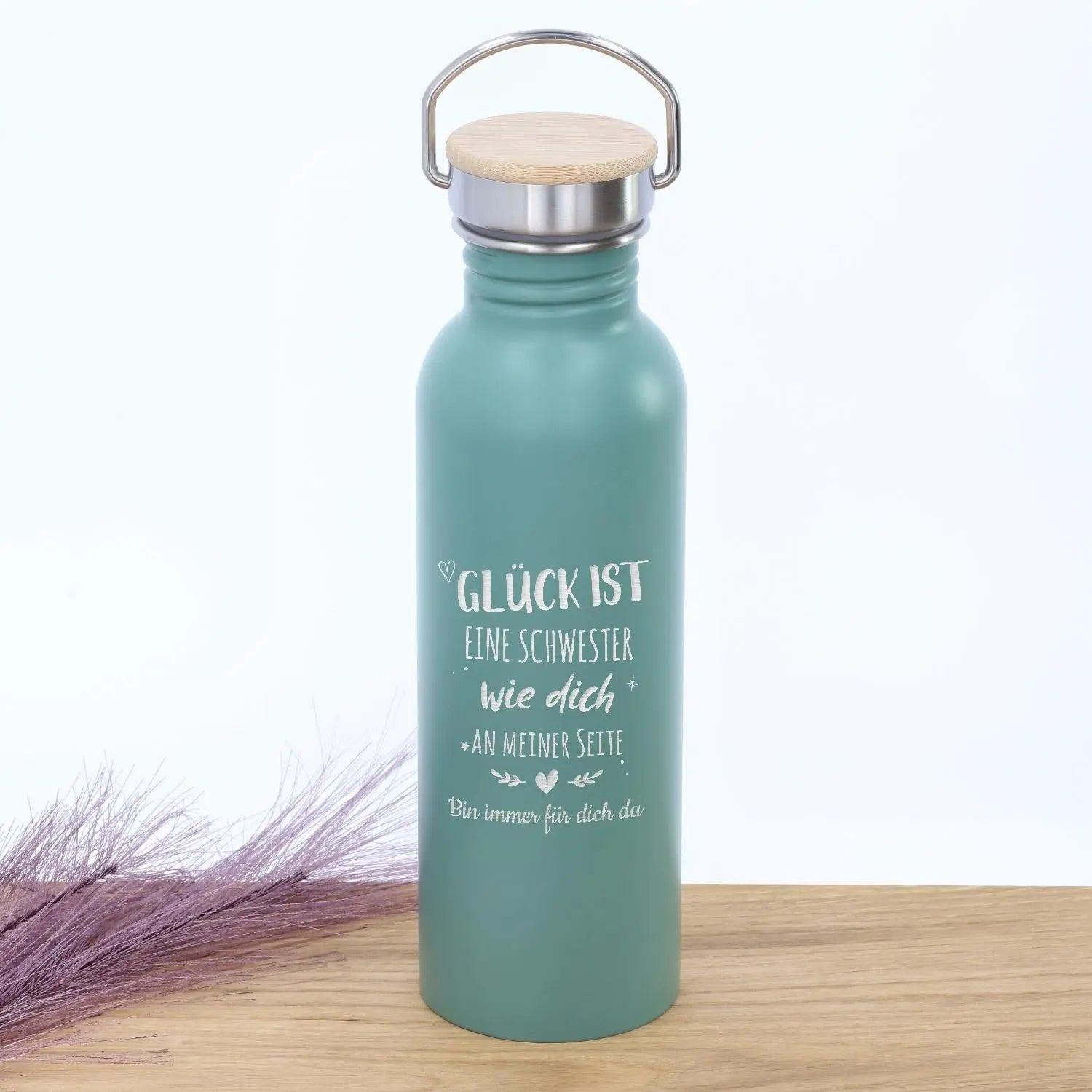 Edelstahl Trinkflasche personalisiert mit Bambus-Deckel in türkis (700 ml)