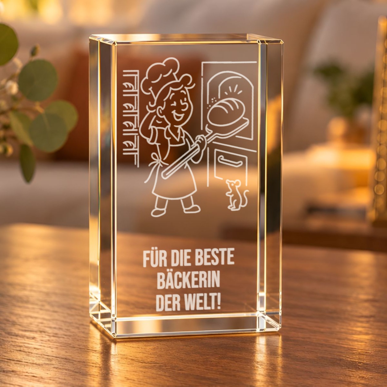 Glaskristall Bäckerin mit 3D-Gravur einer Bäckerin mit frischem Brot am Ofen, auf einem Holztisch im Wohnzimmer