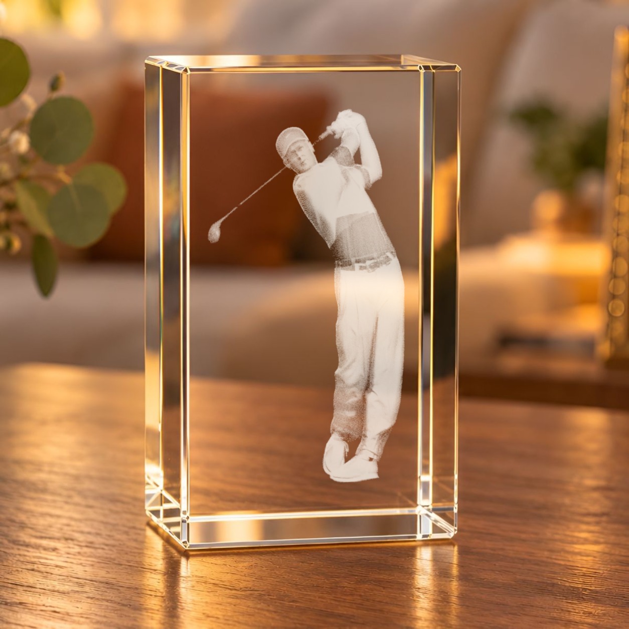 Glaskristall Golfer: 3D-Glasquader mit gravierter Golfer-Figur im Abschwung, auf einem Holztisch im Wohnzimmer