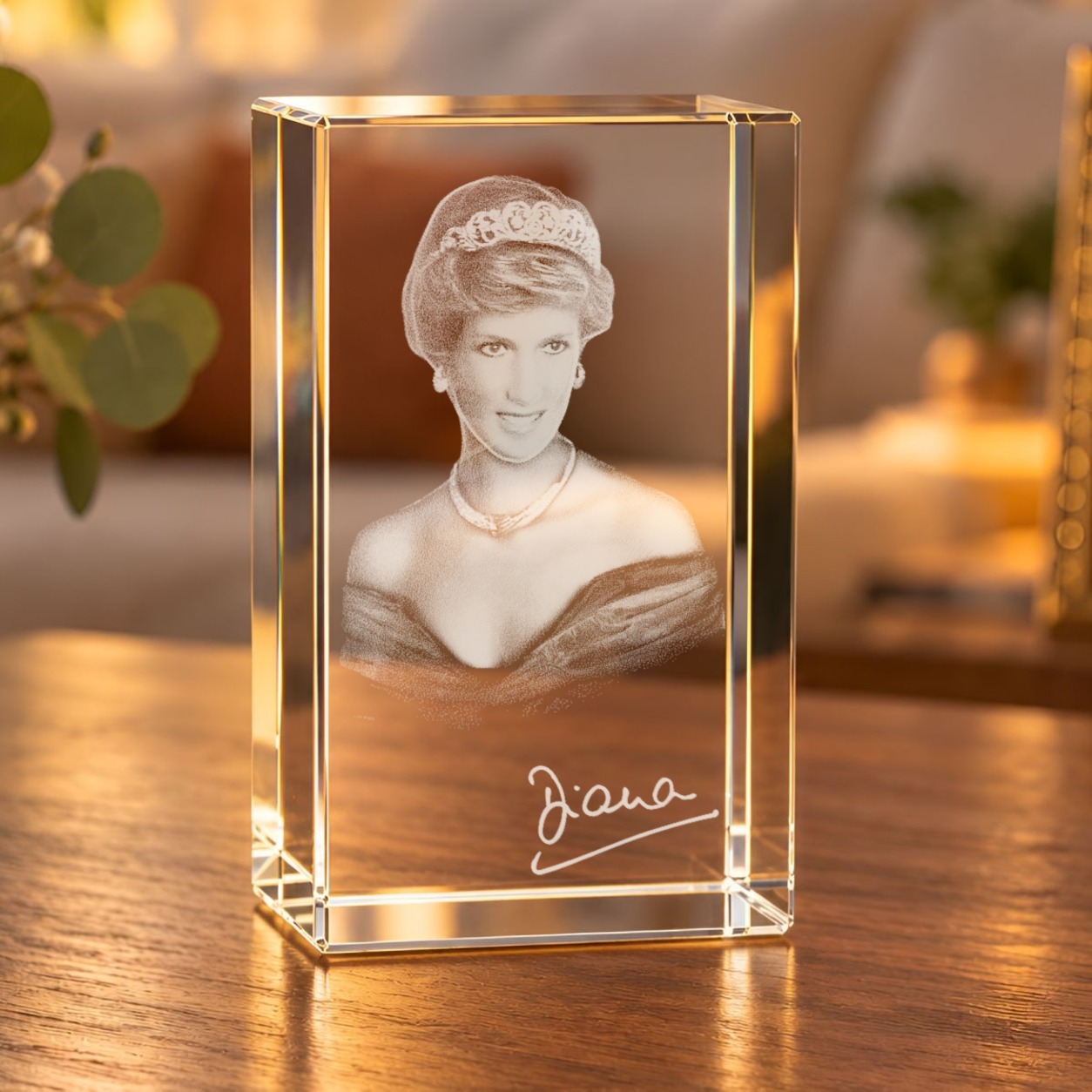 3D-Glaskristall Lady Diana mit Autogramm auf einem Holztisch im Wohnraum, Porträt mit Tiara als Innengravur im Glasquader
