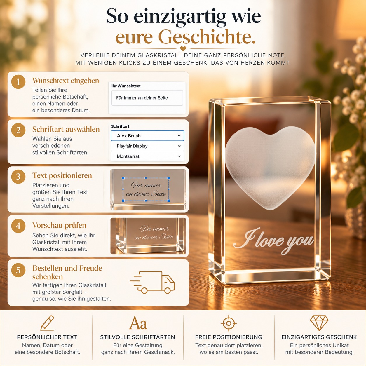 3D Glasquader I Herz I Text: I love you – Personalisierung