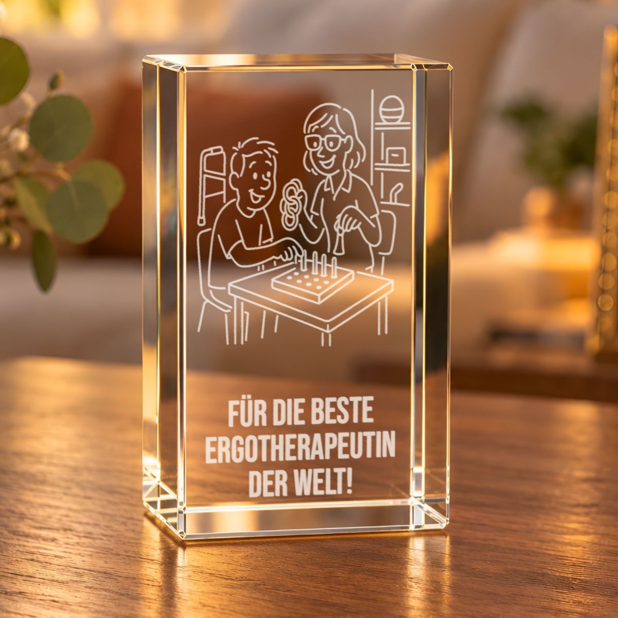 Glaskristall Ergotherapeutin mit Laserinnengravur einer Therapieszene und Schriftzug auf einem Holztisch im Wohnraum