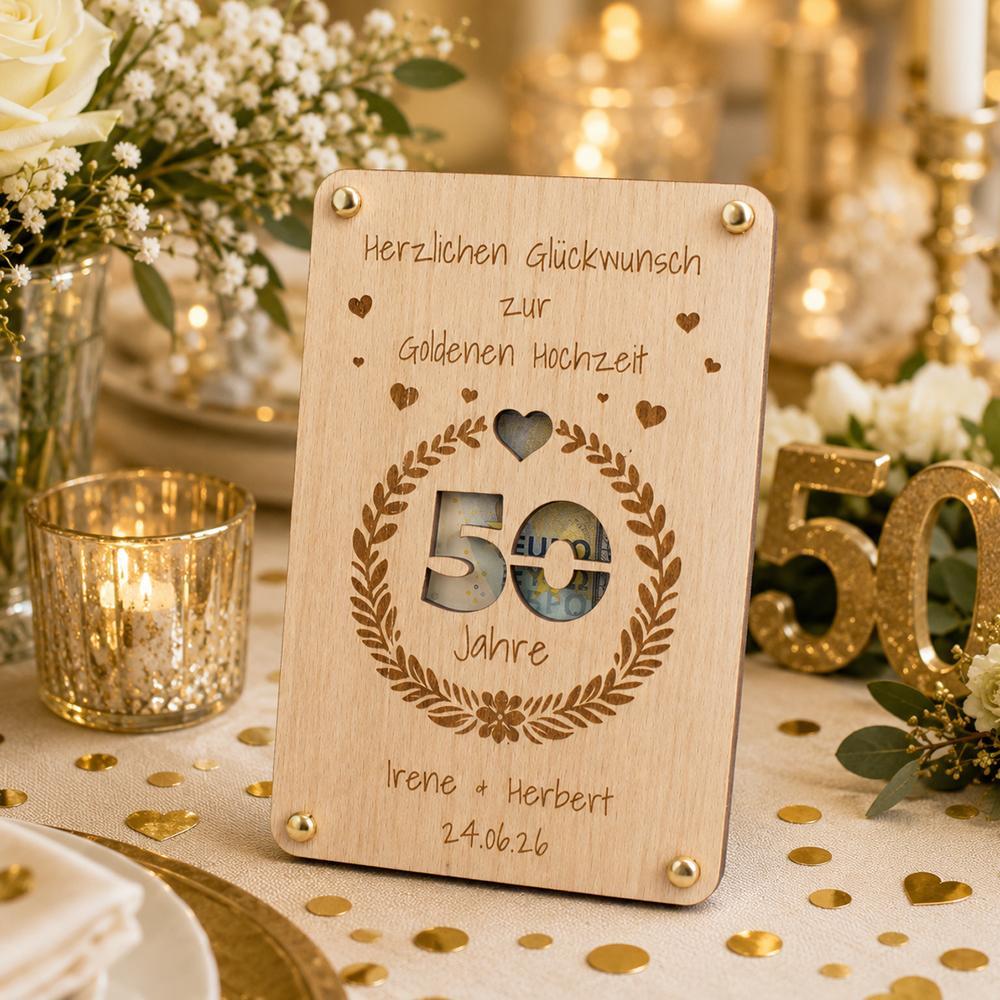 Geldgeschenk zur Goldenen Hochzeit aus Holz - Personalisierte Geschenkverpackung zum 50. Hochzeitstag mit Namen & Datum