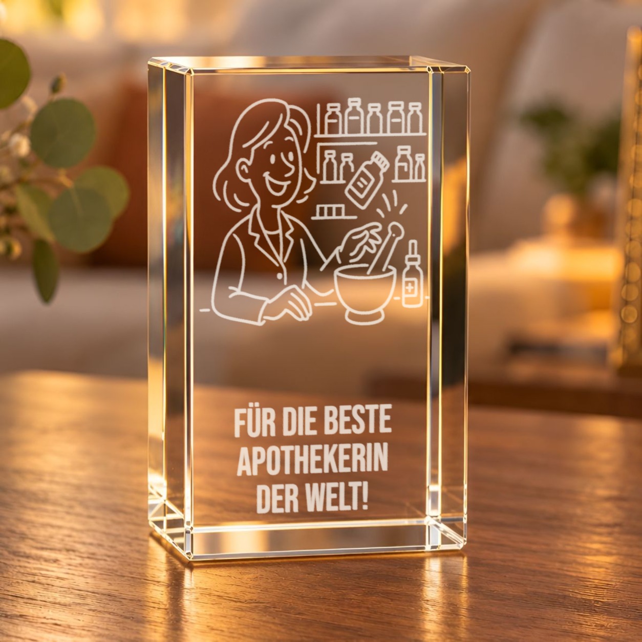 Glaskristall Apothekerin mit 3D-Laserinnengravur auf einem Holztisch im Wohnraum, Motiv: lächelnde Apothekerin mit Mörser und Fläschchen