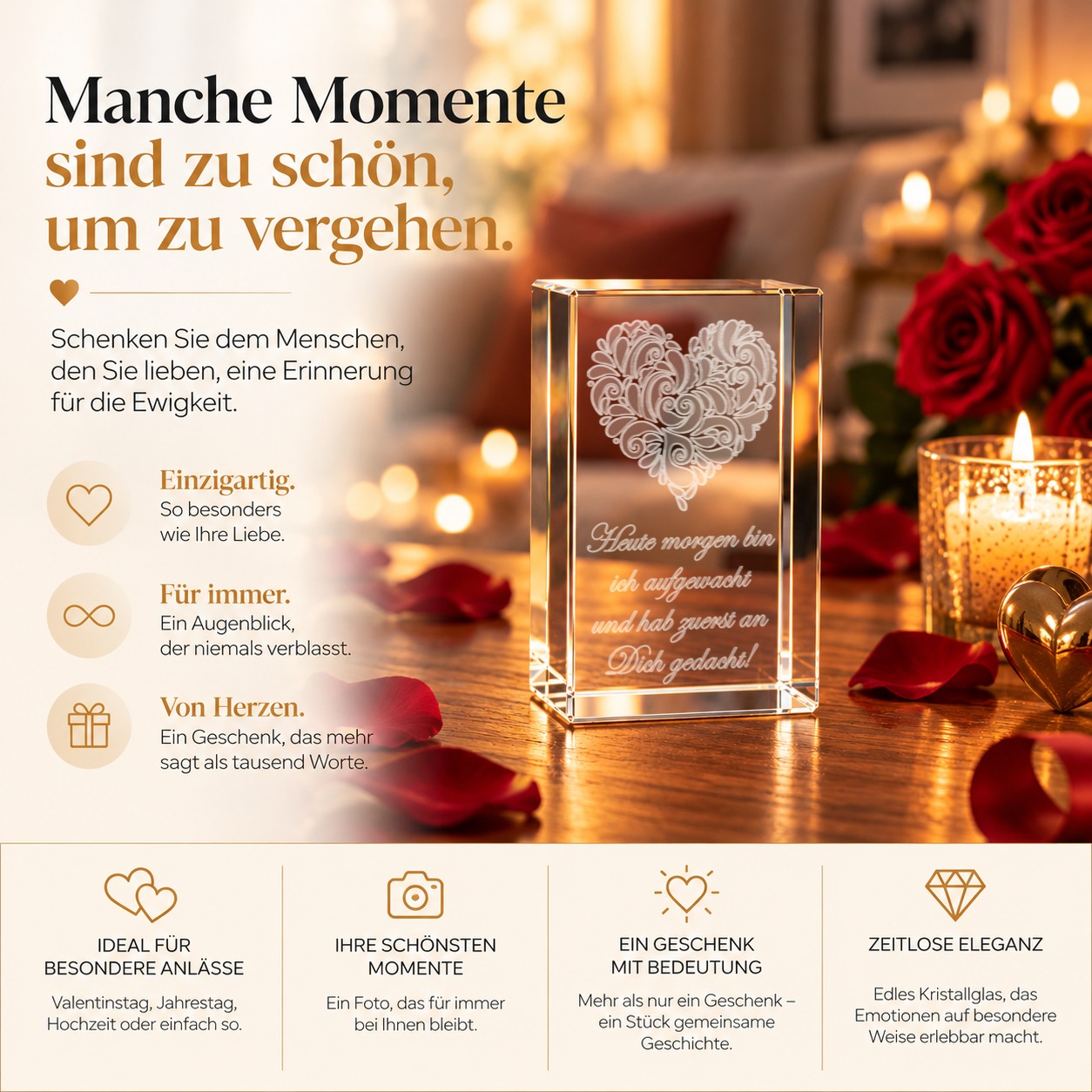 Glaskristall Herz als Liebesgeschenk mit Laserinnengravur, Geschenkidee zum Valentinstag und Jahrestag