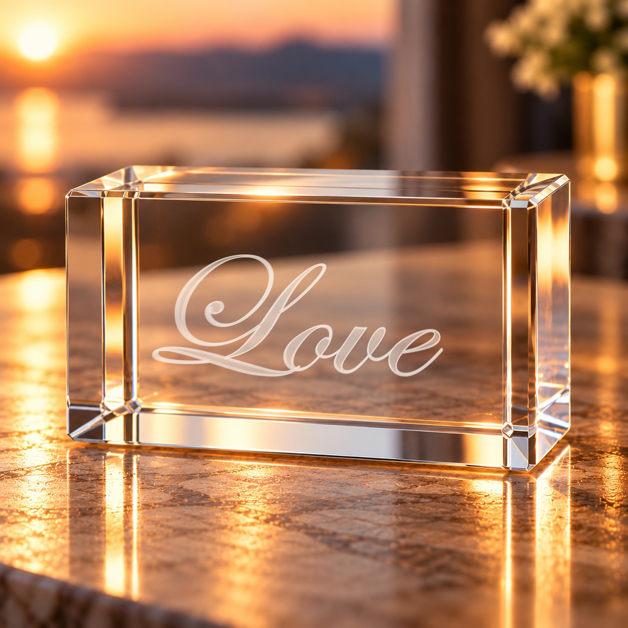 3D-Glaskristall Love mit Schriftzug in Schreibschrift auf einem Tisch im Wohnraum bei warmem Abendlicht