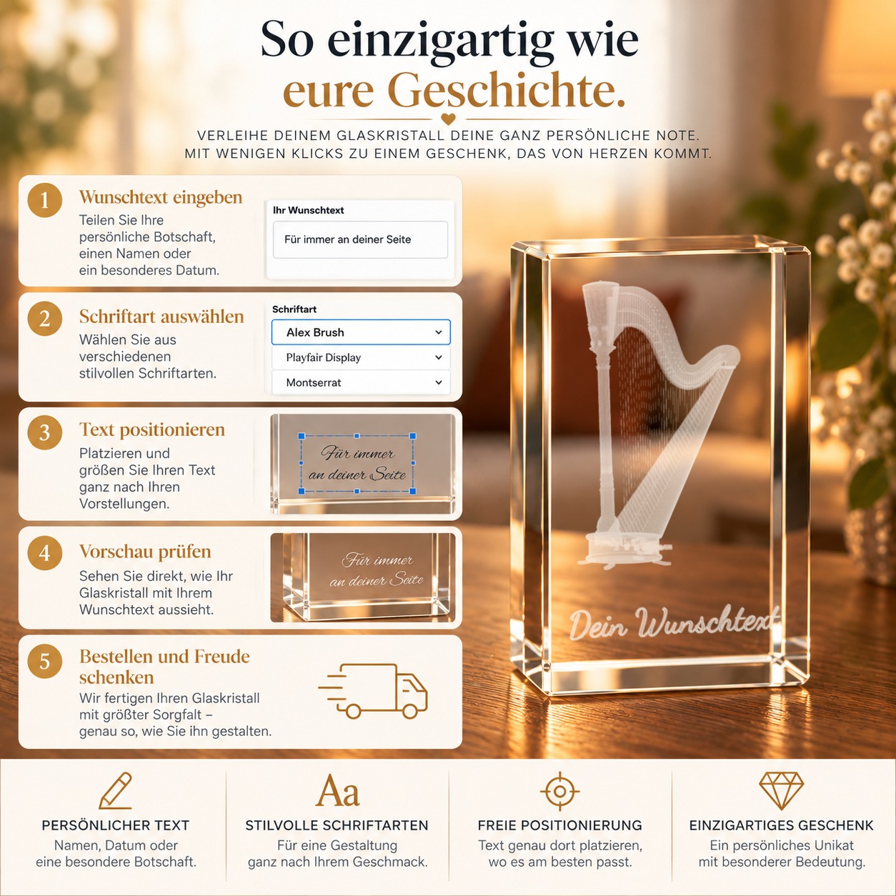 3D Glasquader |Harfe mit Wunschnamen | Geschenk für Harfespieler | Musiker | Orchester – Personalisierung
