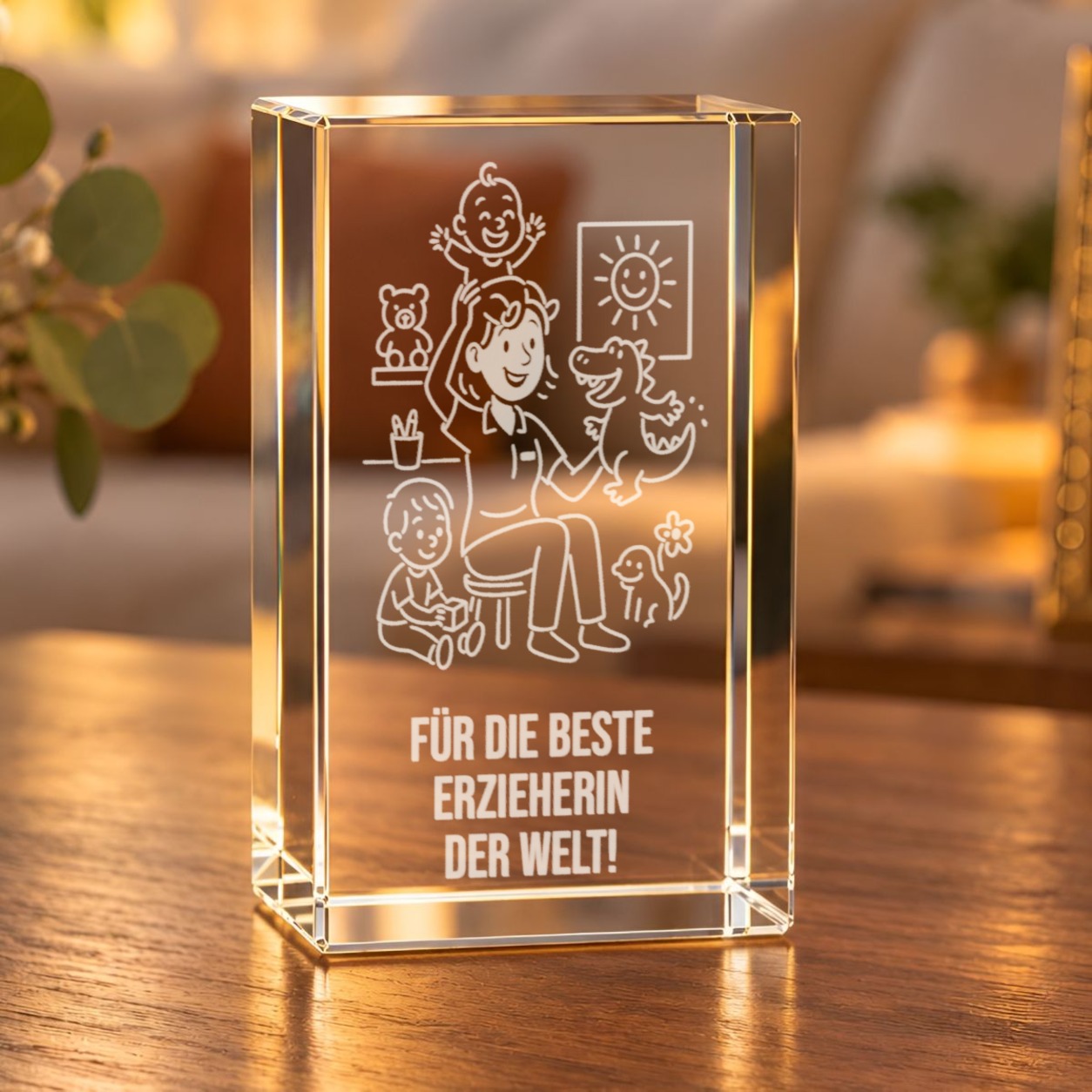 Glaskristall Erzieherin mit 3D-Innengravur: Erzieherin mit Kindern und Dino, im Wohnraum auf einem Holztisch im warmen Licht