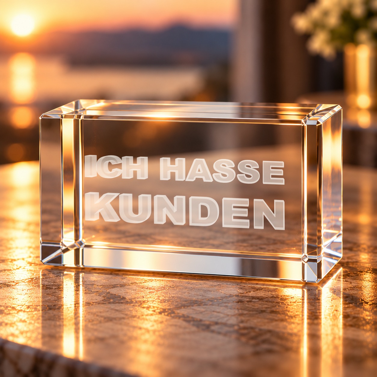 3D-Glaskristall Ich hasse Kunden: Glasquader mit Laserinnengravur auf einer Tischplatte im warmen Abendlicht