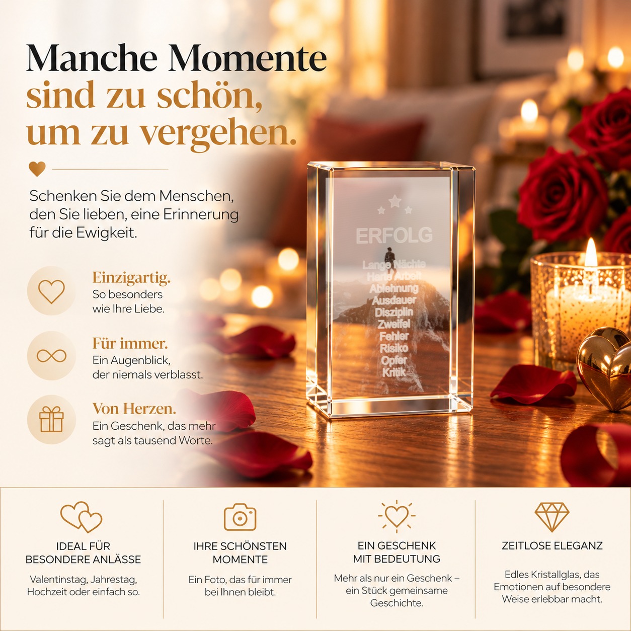 Glaskristall Weg zum Erfolg als Motivationsgeschenk, Detailansicht der geschliffenen Glaskanten und der Innengravur