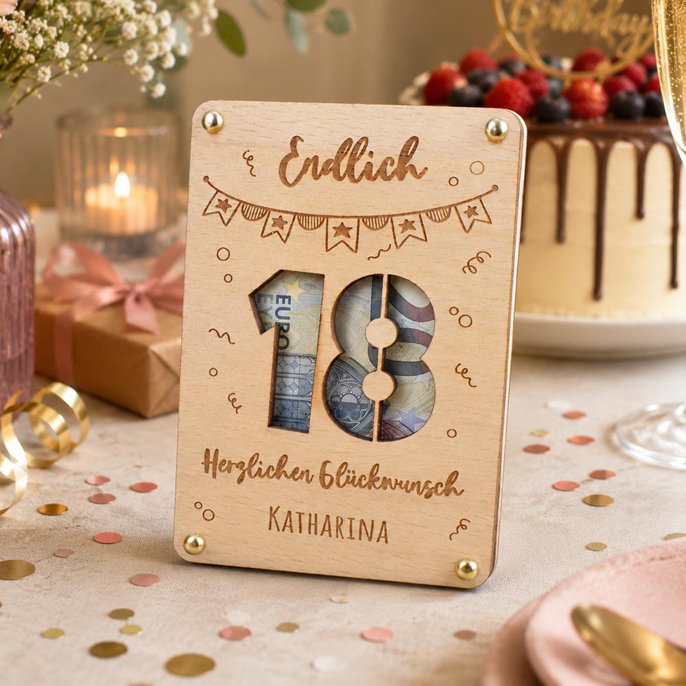Geldgeschenk zum 18. Geburtstag aus Holz - Personalisierte Geschenkverpackung mit Name | Happy Birthday 18