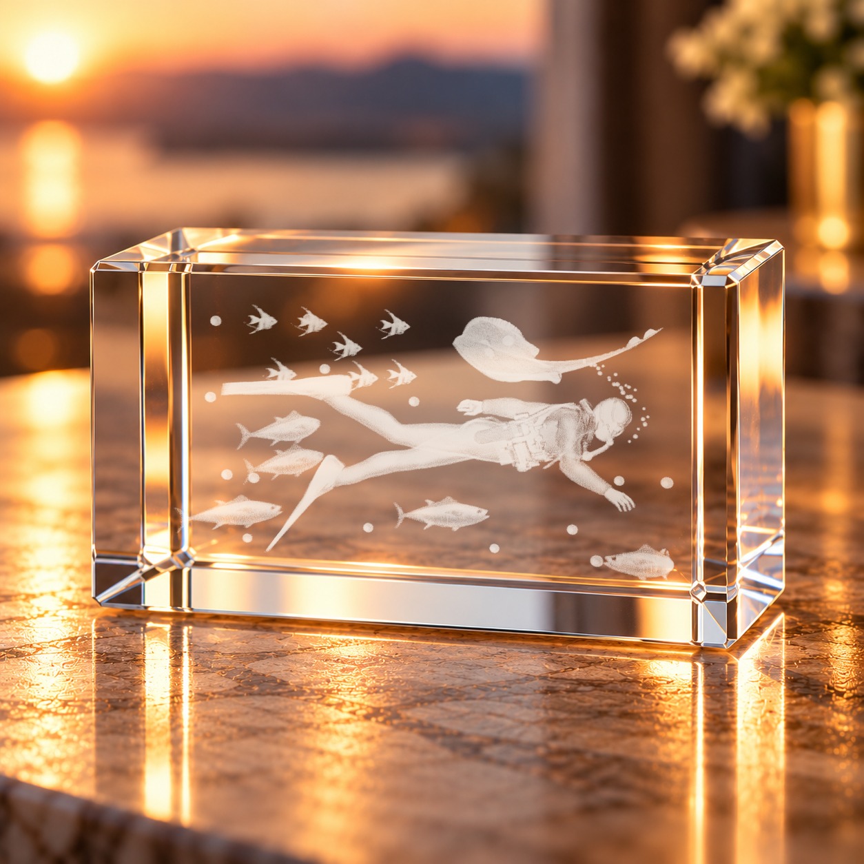 3D-Glaskristall Taucher im Wohnraum bei Abendlicht: Glasquader mit Laser-Innengravur von Taucher, Rochen und Fischen auf einer Ablage