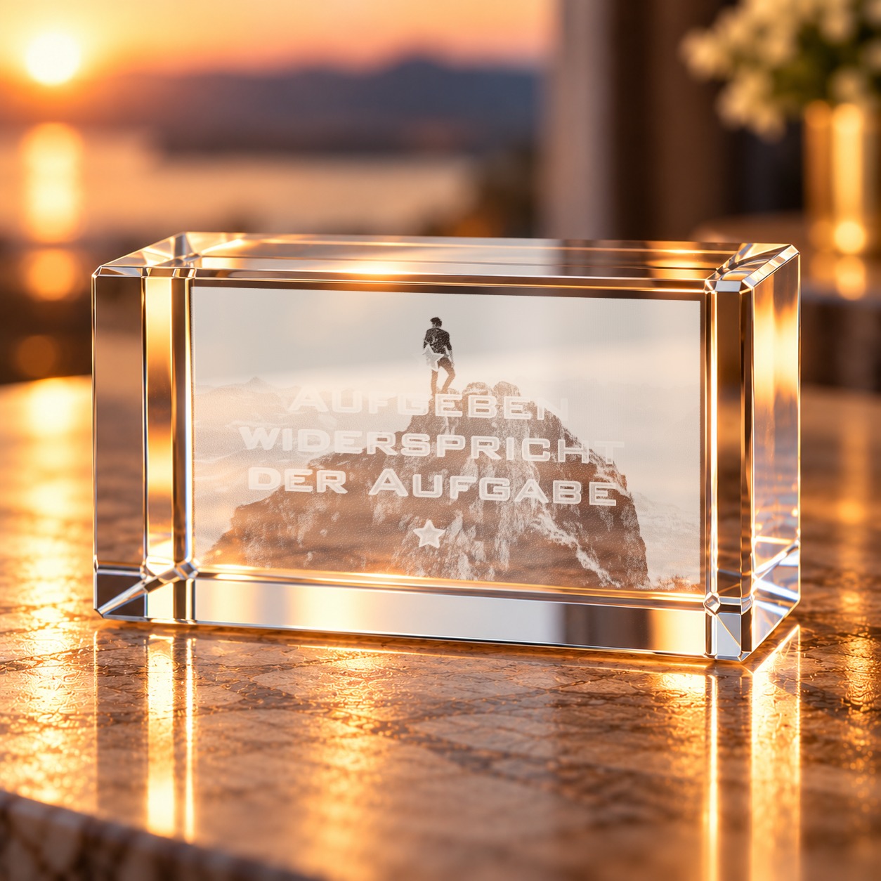Glaskristall Motivationsspruch „Aufgeben widerspricht der Aufgabe“ mit Berggipfel-Motiv als 3D-Innengravur auf einem Tisch im Abendlicht