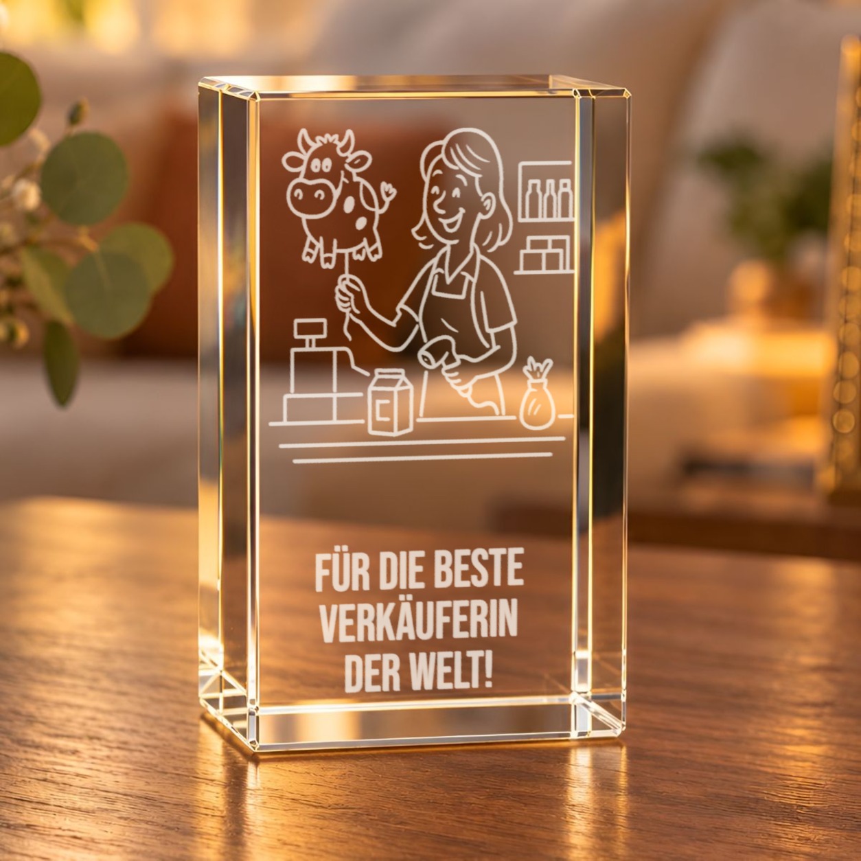 Glaskristall Verkäuferin mit 3D-Laserinnengravur auf einem Holztisch im Wohnraum, Motiv: Verkäuferin an der Kasse mit schwebender Kuh