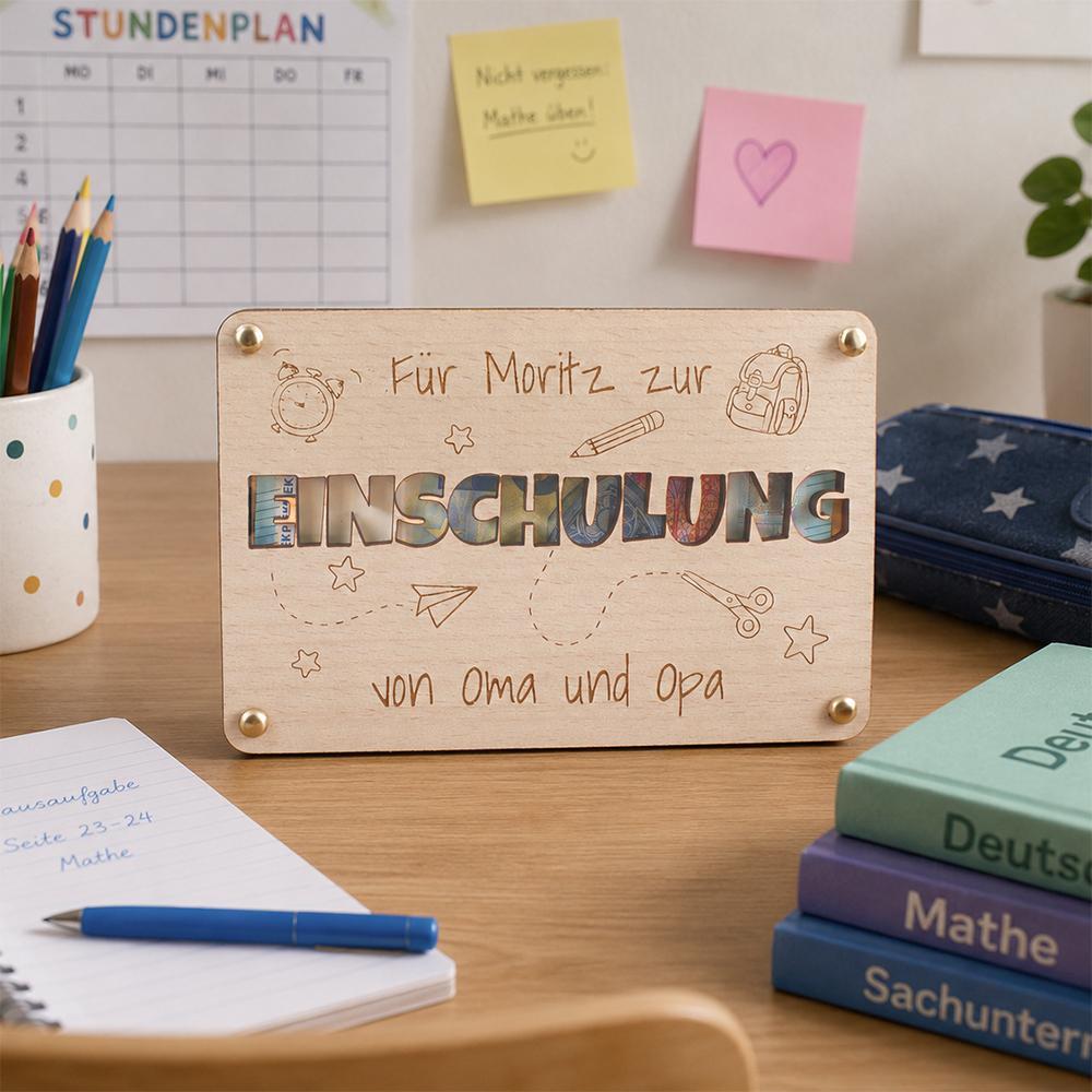 Geldgeschenk zur EINSCHULUNG aus Holz - Personalisiert mit Name - Geschenk von Oma & Opa - Gutschein fuer Schulanfang