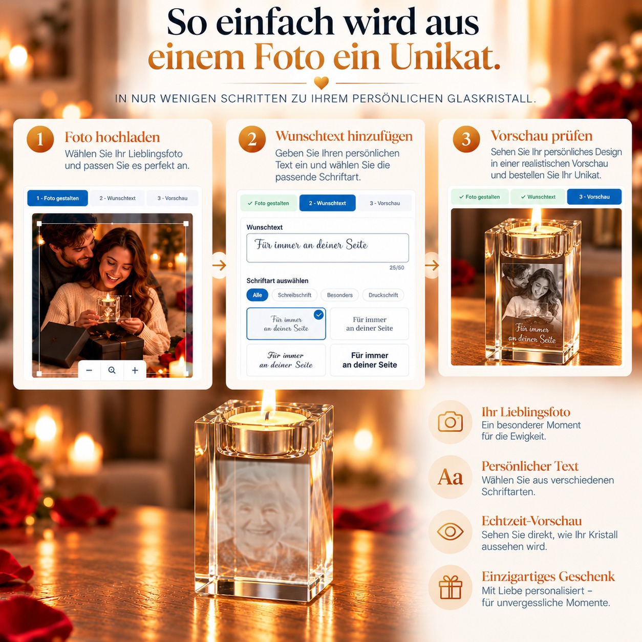 3D-Glaskristall Teelicht mit Foto-Gravur