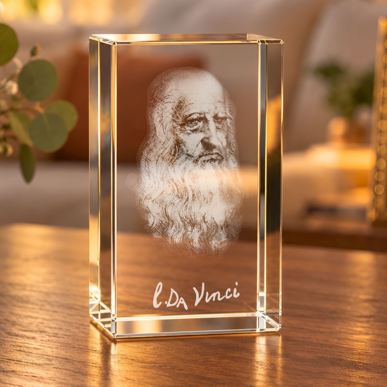 Glaskristall Leonardo da Vinci mit 3D-Porträt und Signatur auf einem Holztisch im Wohnzimmer