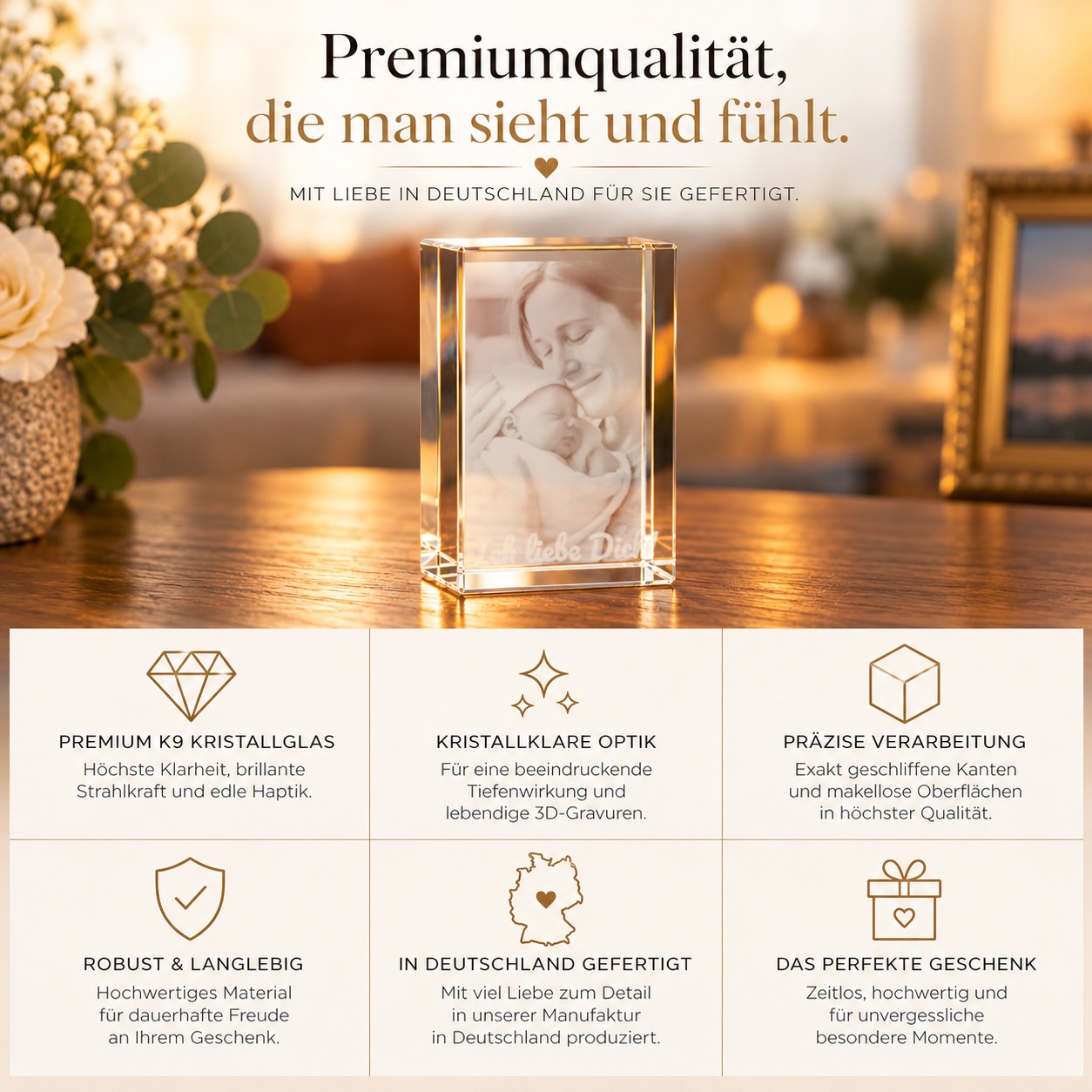 3D-Glaskristall Quader mit Foto-Gravur