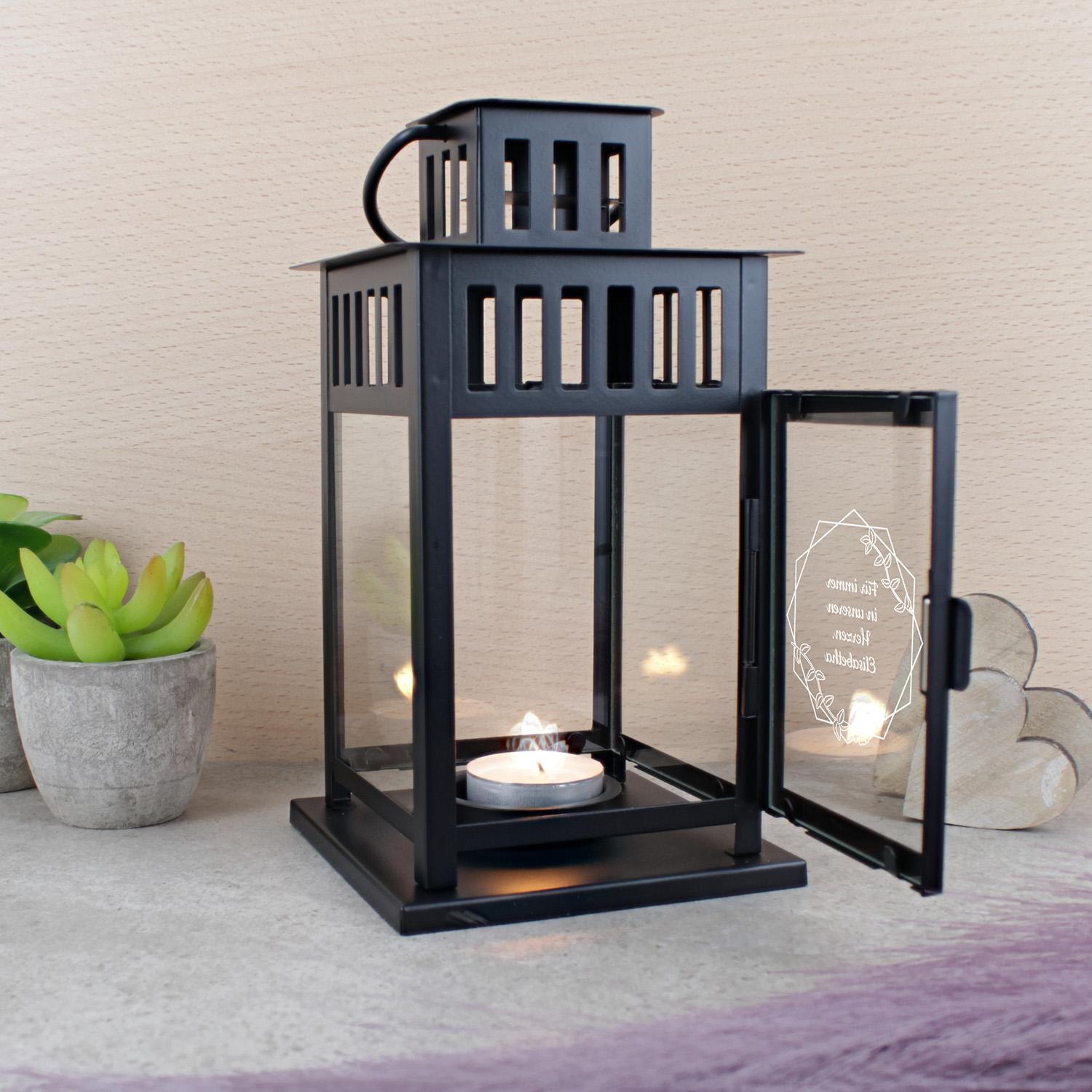 Grablaterne klein mit Gravur in Schwarz - personalisierte Grablampe für Teelichter