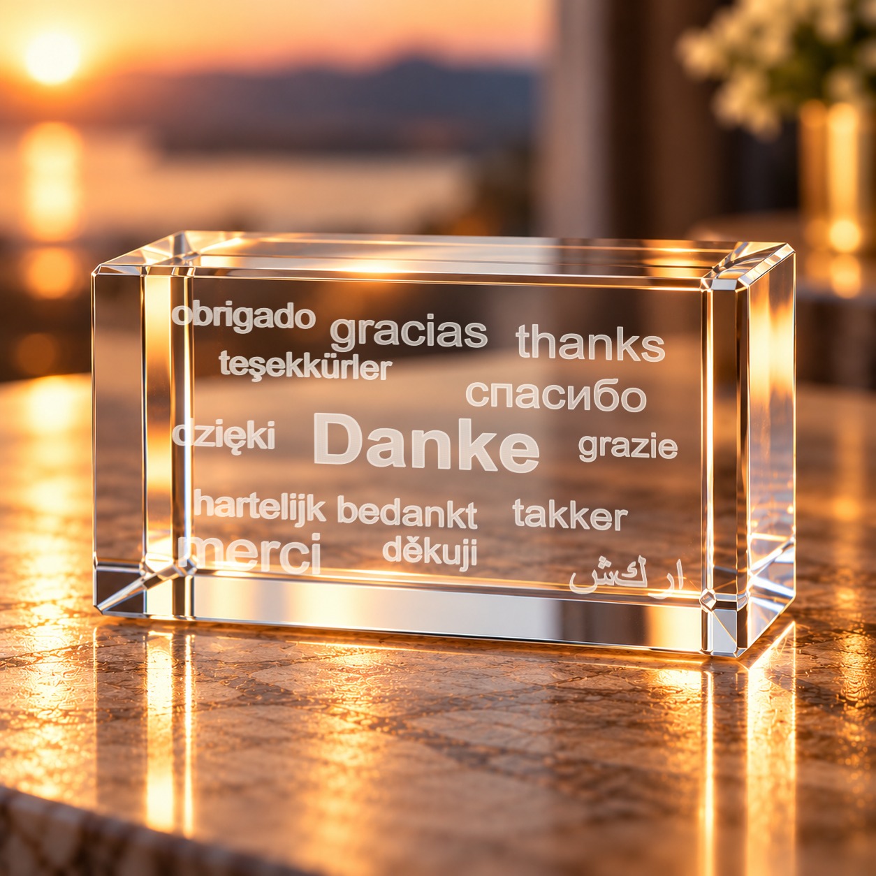 3D-Glaskristall Danke in vielen Sprachen als Glasquader auf einem Tisch im warmen Abendlicht
