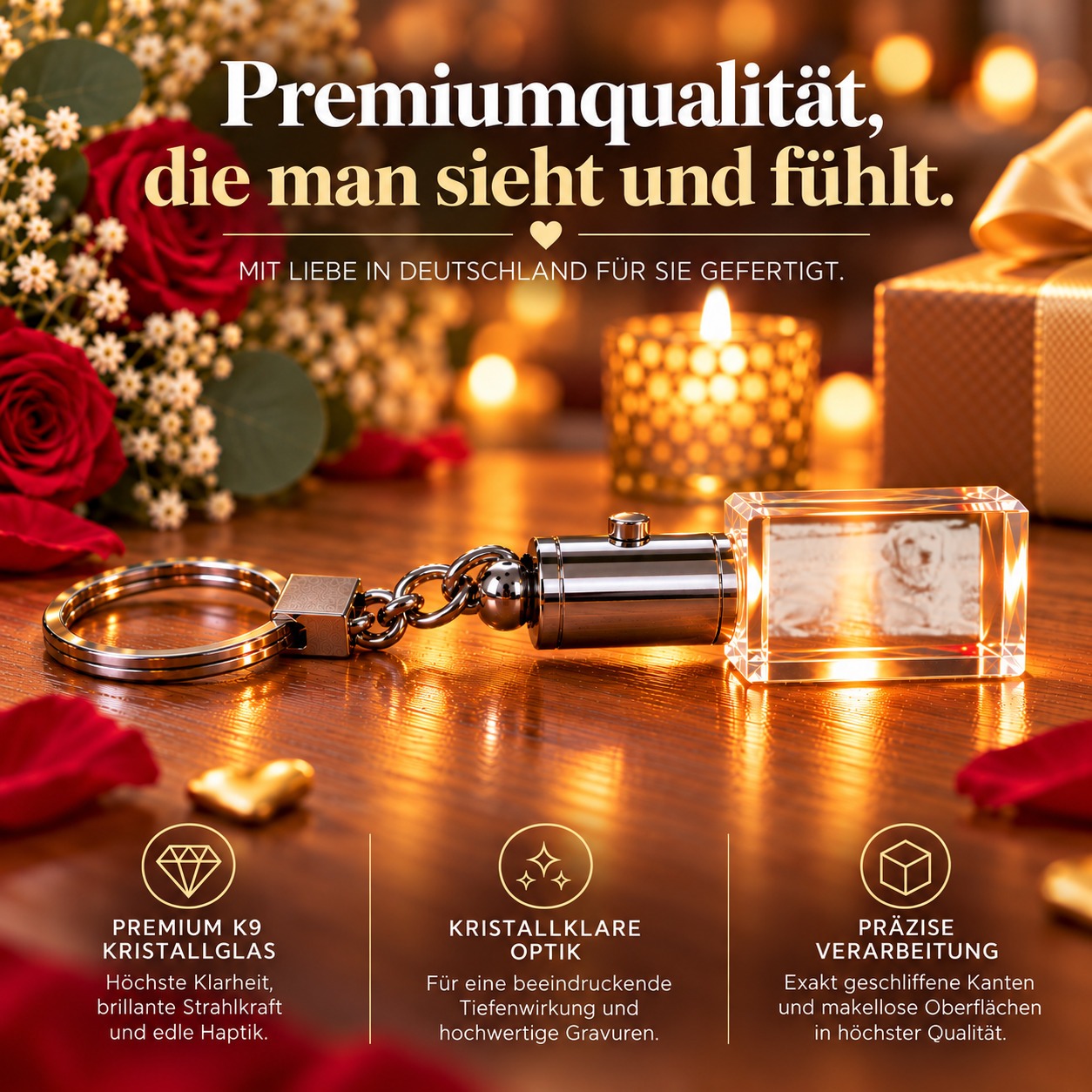 Personalisierter Glas-Schlüsselanhänger mit eingraviertem Foto als Fotogeschenk, beleuchtet mit weißer LED
