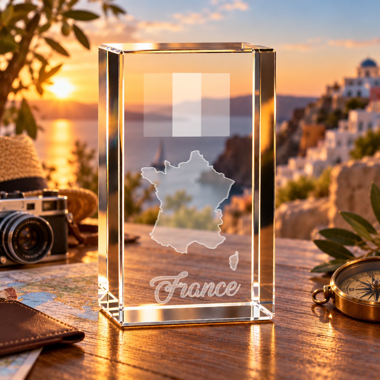 3D-Glaskristall Frankreich mit Landkarte und Flagge – Hauptbild