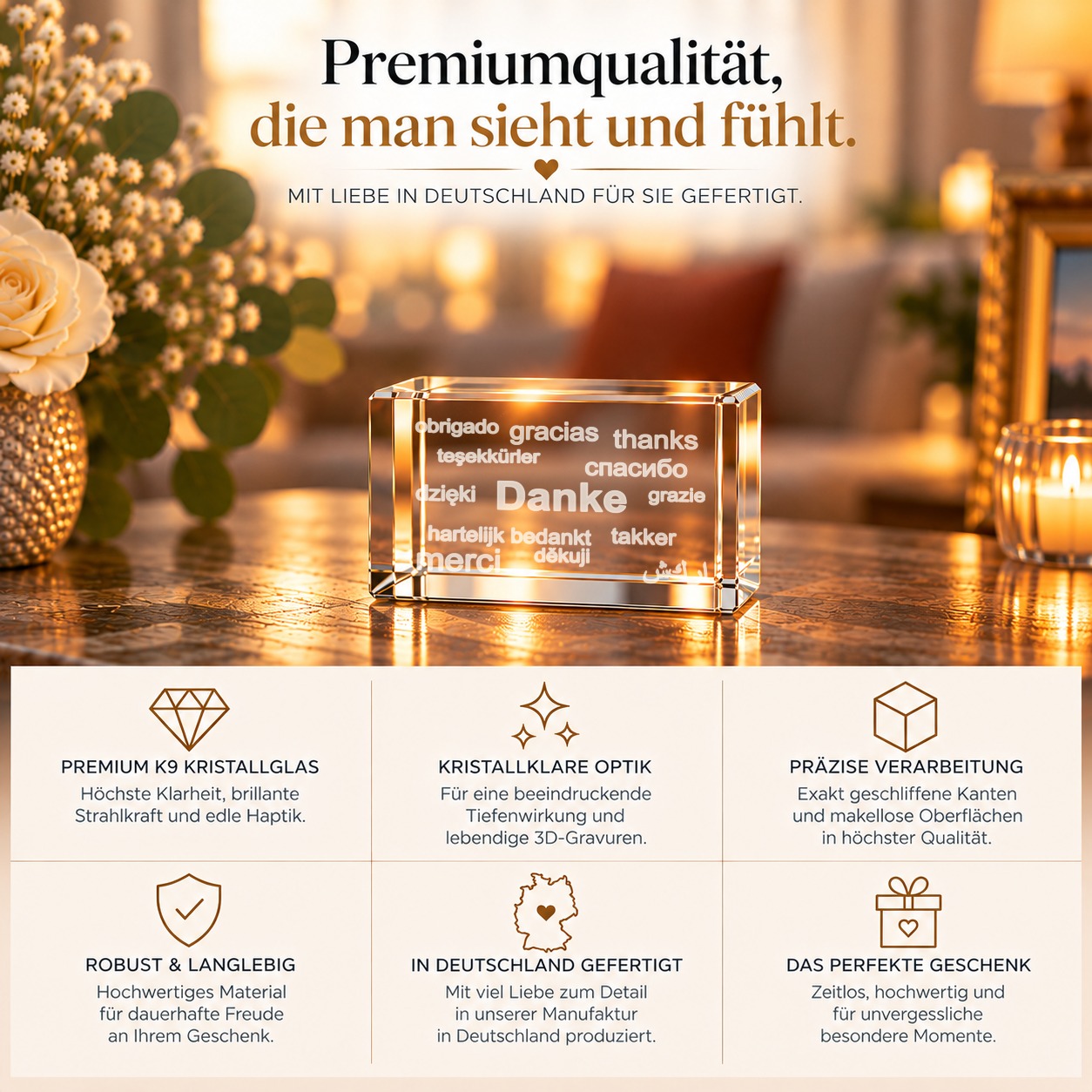 VIP-LASER 3D Glas Kristall Quader XL mit Text Danke n verschiedenen Sprachen! Das tolle Geschenk für einen liebenden Menschen! – Qualität