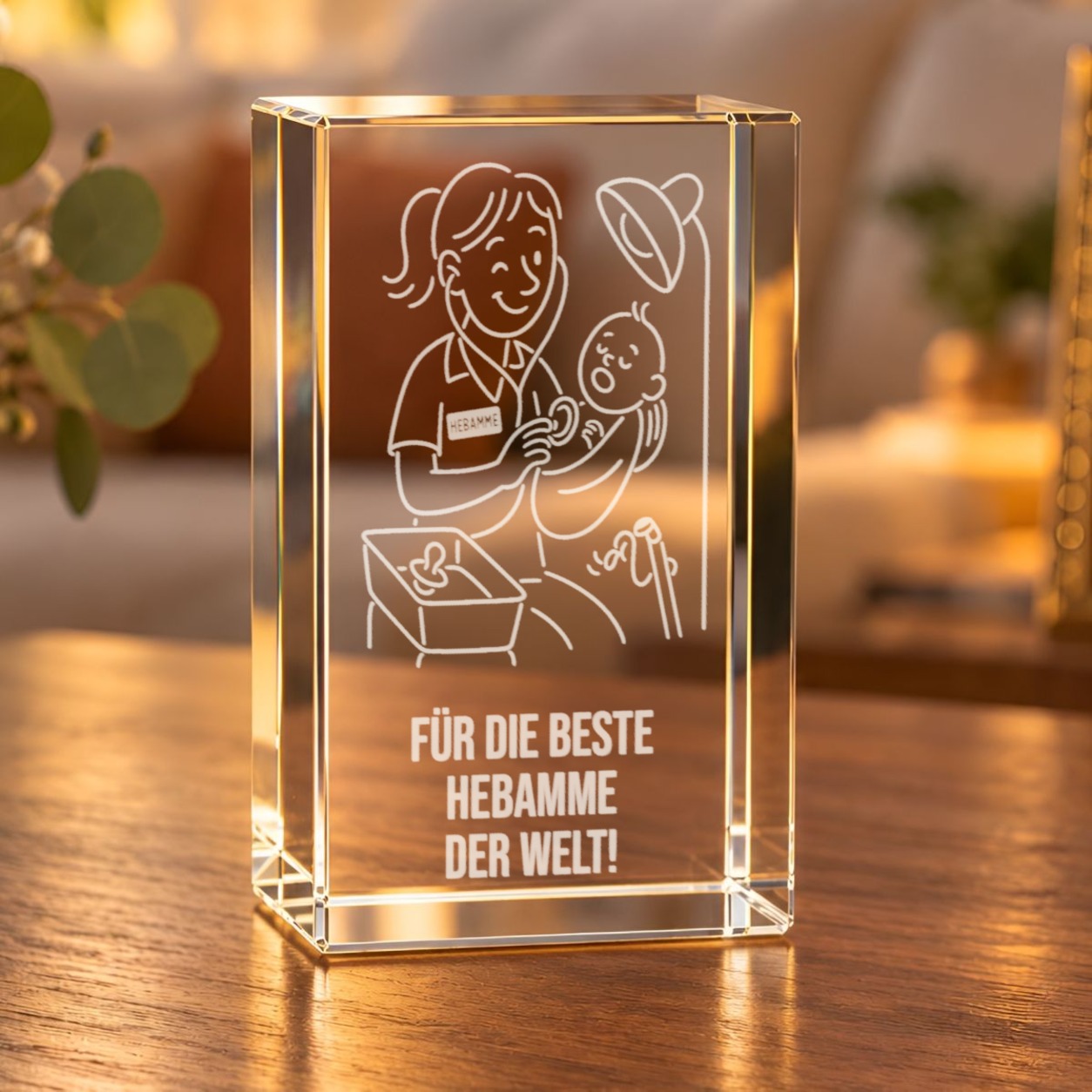 Glaskristall Hebamme mit 3D-Laserinnengravur auf einem Holztisch im Wohnraum, warm beleuchtet