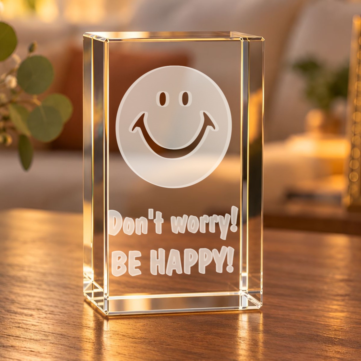 Glaskristall Smiley mit Laser-Innengravur und Spruch „Don’t worry! Be happy!“ auf einem Holztisch im Wohnzimmer