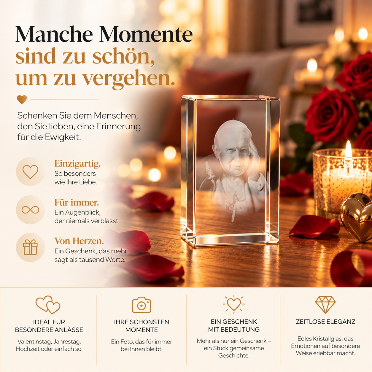 Glaskristall mit Laserinnengravur Papst Johannes Paul II, Seitenansicht mit geschliffenen Kanten