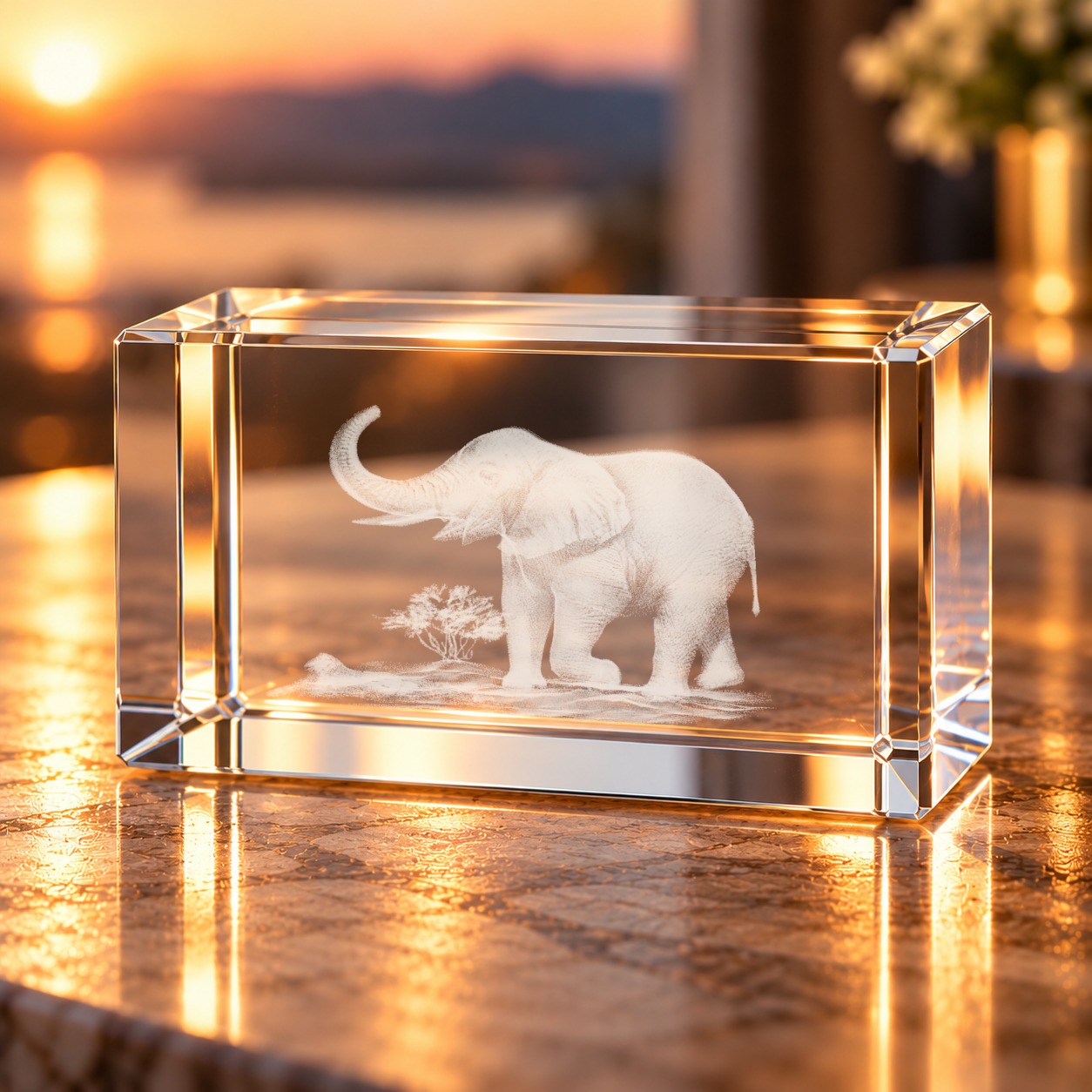 3D-Glaskristall Elefant mit Laserinnengravur auf einem Tisch im Wohnraum bei warmem Abendlicht