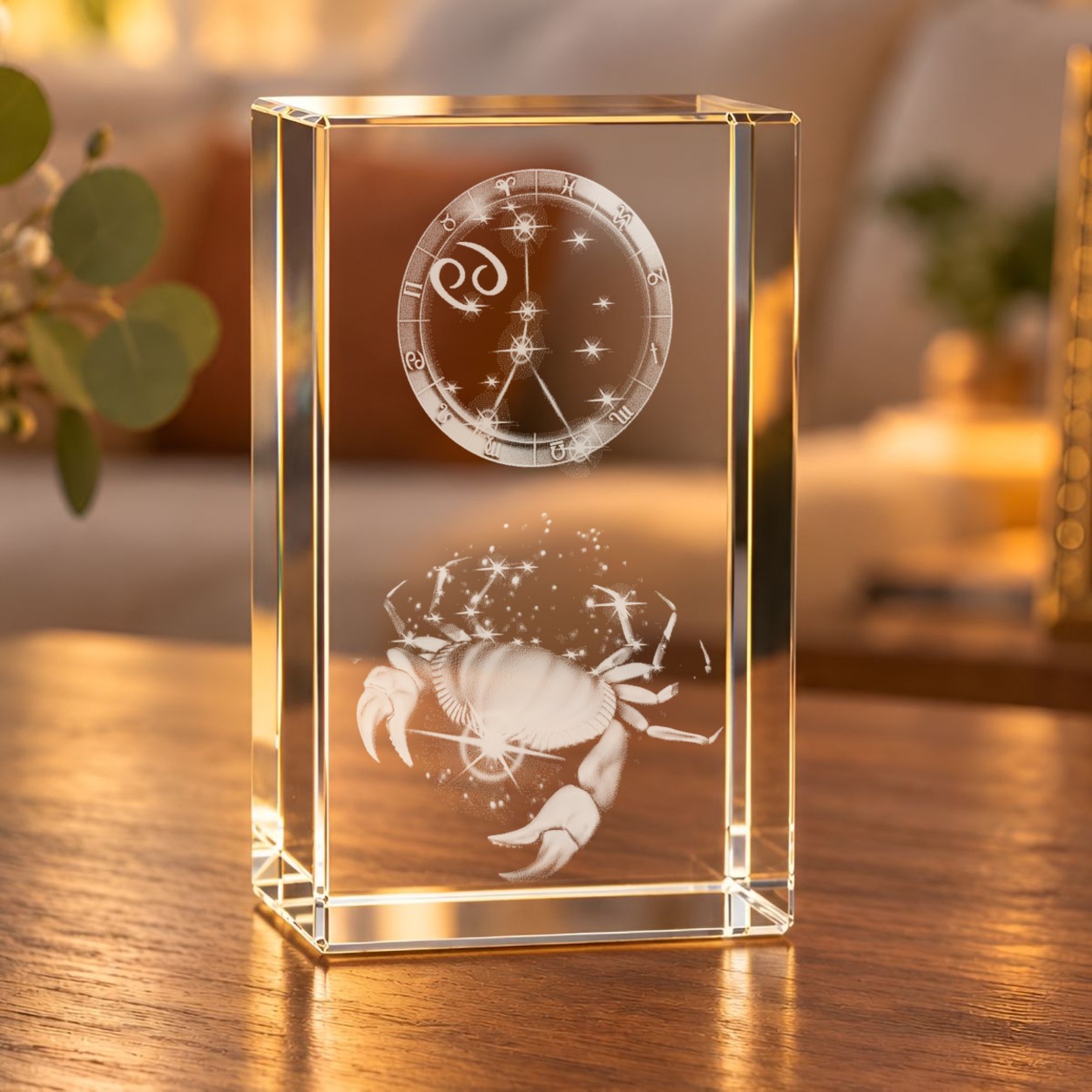 3D-Glaskristall Sternzeichen Krebs mit Tierkreisrad und Krebs-Gravur auf einem Holztisch im Wohnzimmer