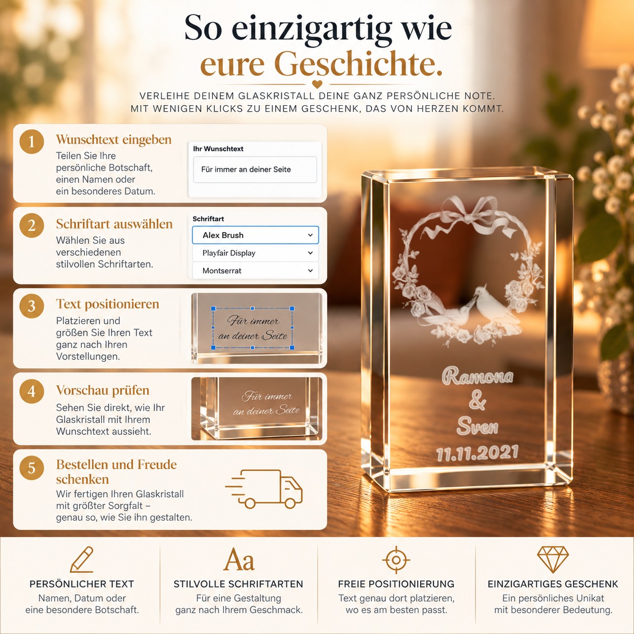 3D Glasquader I Herz mit Rosen und Tauben I + Wunschnamen – Personalisierung