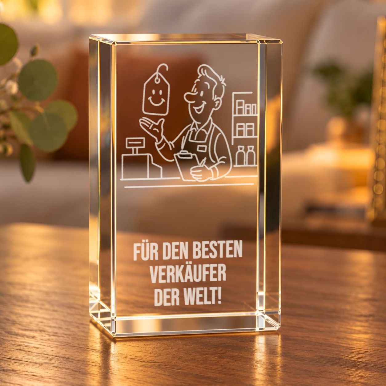 Geschenk für Verkäufer: 3D-Glaskristall mit lächelndem Verkäufer an der Kasse und Schriftzug „Für den besten Verkäufer der Welt!“ auf einem Holztisch im Wohnraum