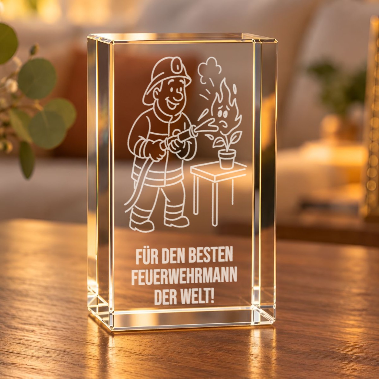 Glaskristall Feuerwehrmann mit 3D-Laserinnengravur auf einem Holztisch im Wohnraum