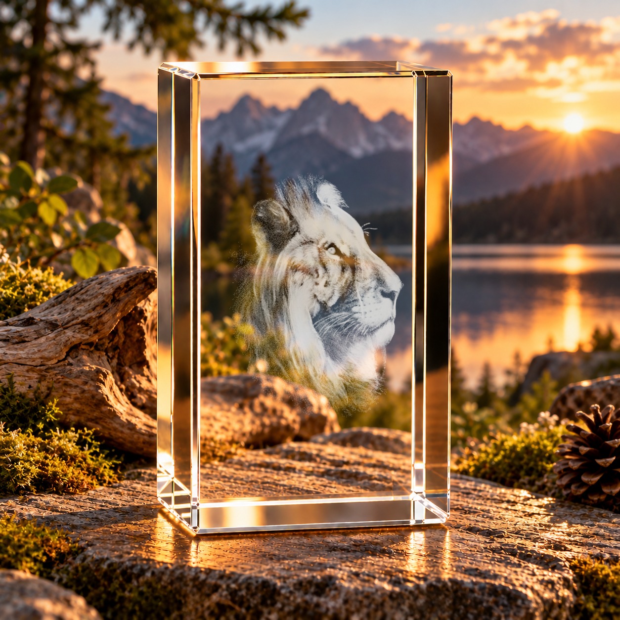3D-Glaskristall Löwenkopf mit Laserinnengravur als Dekoration, im Abendlicht vor Bergsee-Panorama