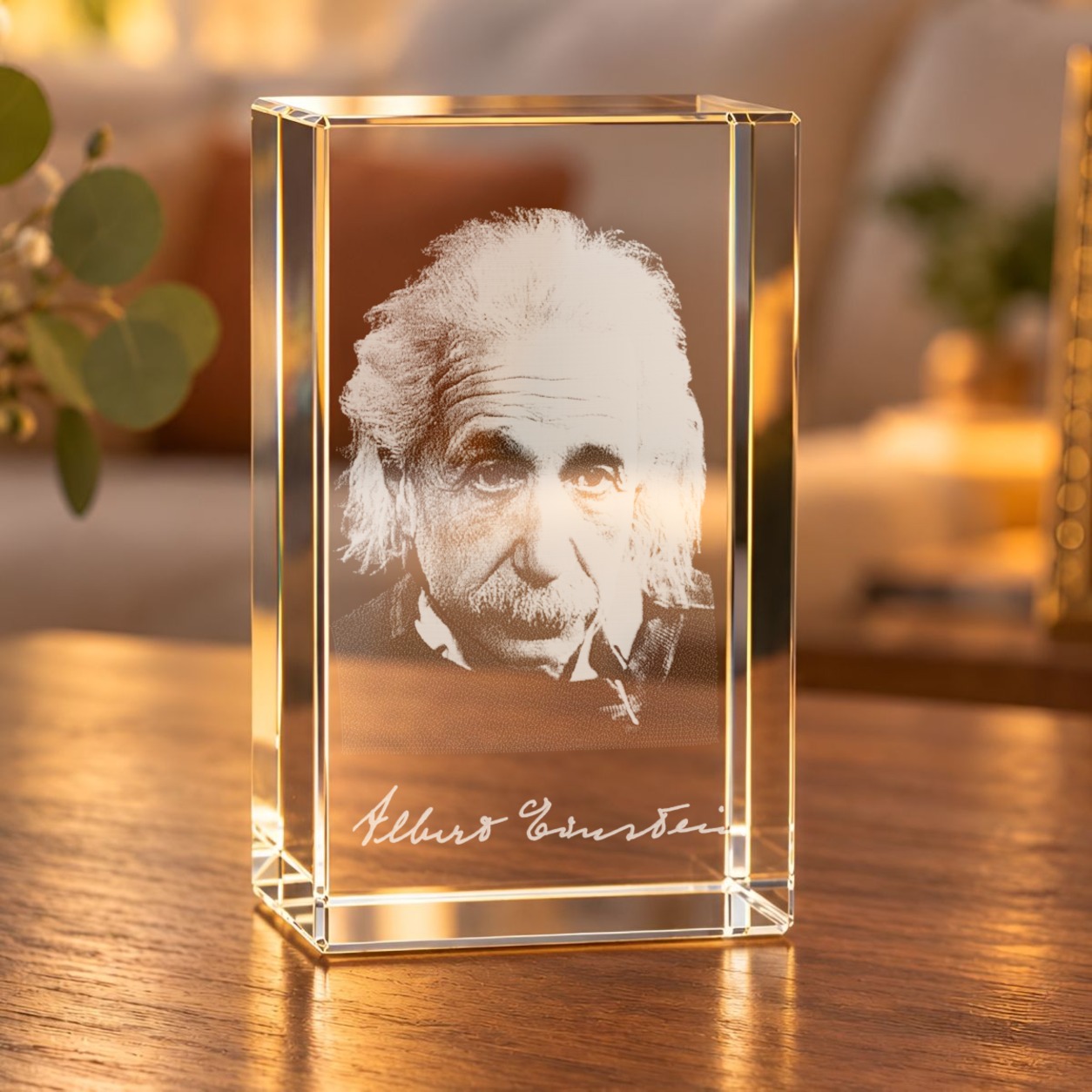 Glaskristall Albert Einstein mit 3D-Porträt und Autogramm auf einem Holztisch im Wohnraum