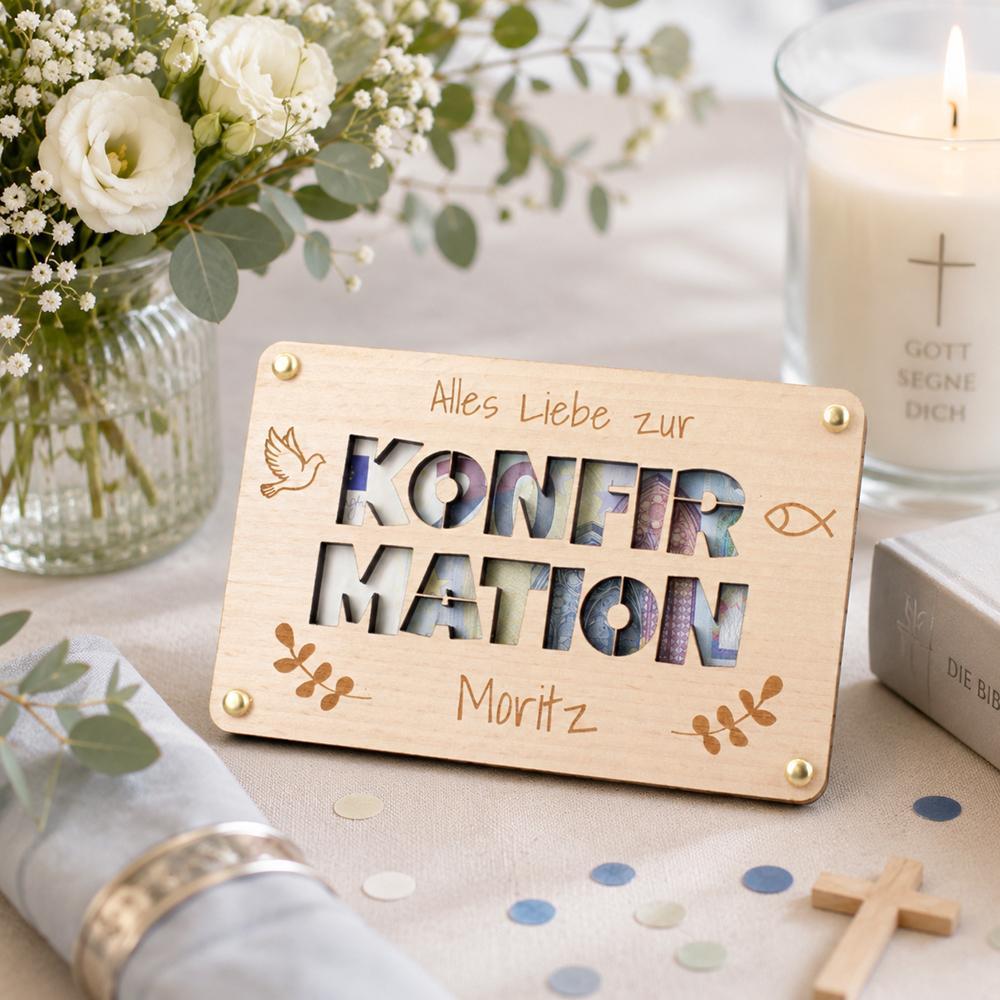 Geldgeschenk Konfirmation aus Holz mit Namen - Hochwertige Geschenkverpackung fuer Geldgeschenke