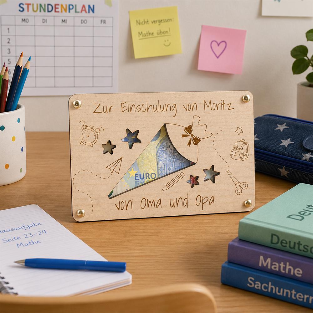 Geldgeschenk Schultuete zur Einschulung aus Holz - Personalisiert mit Name - Gutschein fuer Schulanfang