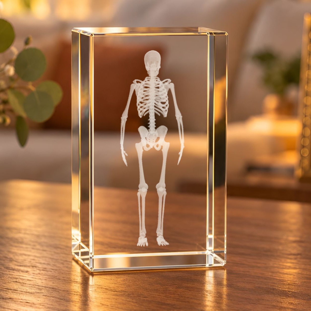 Glaskristall Skelett mit 3D-Laser-Innengravur auf einem Holztisch im Wohnzimmer