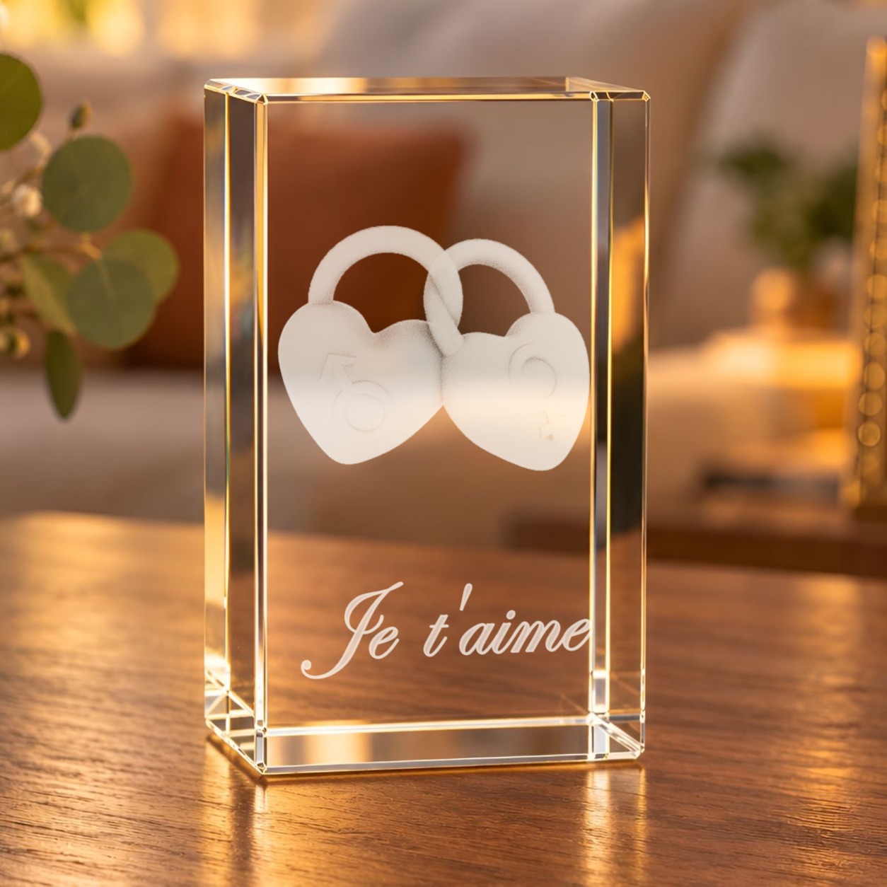 Glaskristall Liebesschlösser mit 3D-Laserinnengravur aus zwei Herzschlössern und Schriftzug „Je t’aime“ auf einem Holztisch im Wohnraum