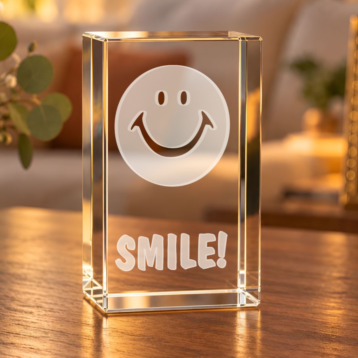 Glaskristall Smiley mit SMILE!-Gravur auf einem Holztisch im Wohnzimmer bei warmem Licht