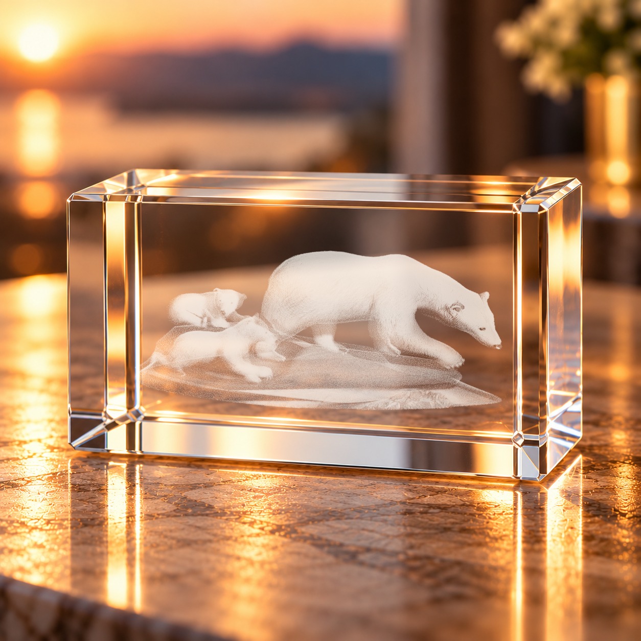 3D-Glaskristall Eisbär mit zwei Jungen als Laser-Innengravur, auf einem Sideboard im Wohnraum bei warmem Abendlicht