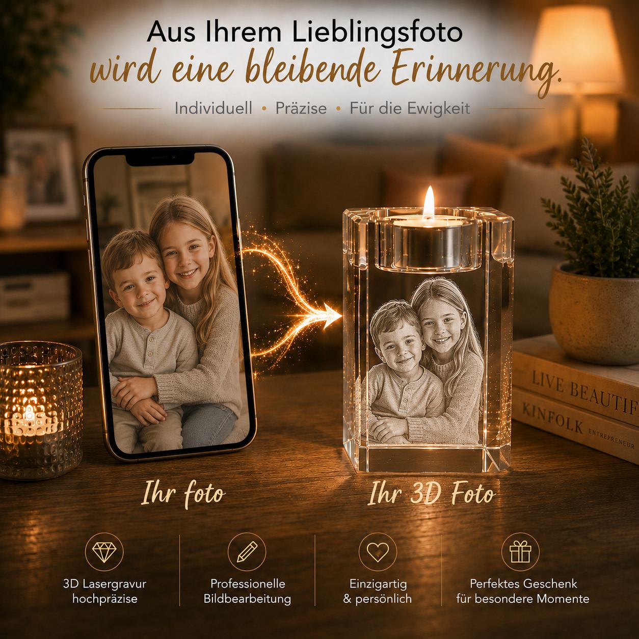 3D Glasfoto Teelicht mit Foto-Gravur