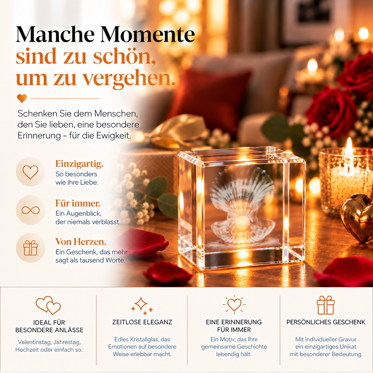3D-Glaskristall Muschel aus optischem Kristallglas mit dreidimensionaler Gravur, als Geschenk für Meer-Fans