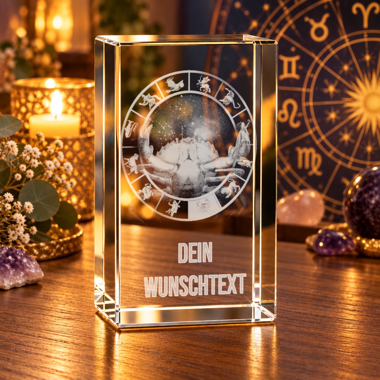 3D-Glaskristall Sternzeichen Krebs mit Wunschtext auf einem Holztisch im Wohnraum, daneben Kerzen und Amethyst-Steine