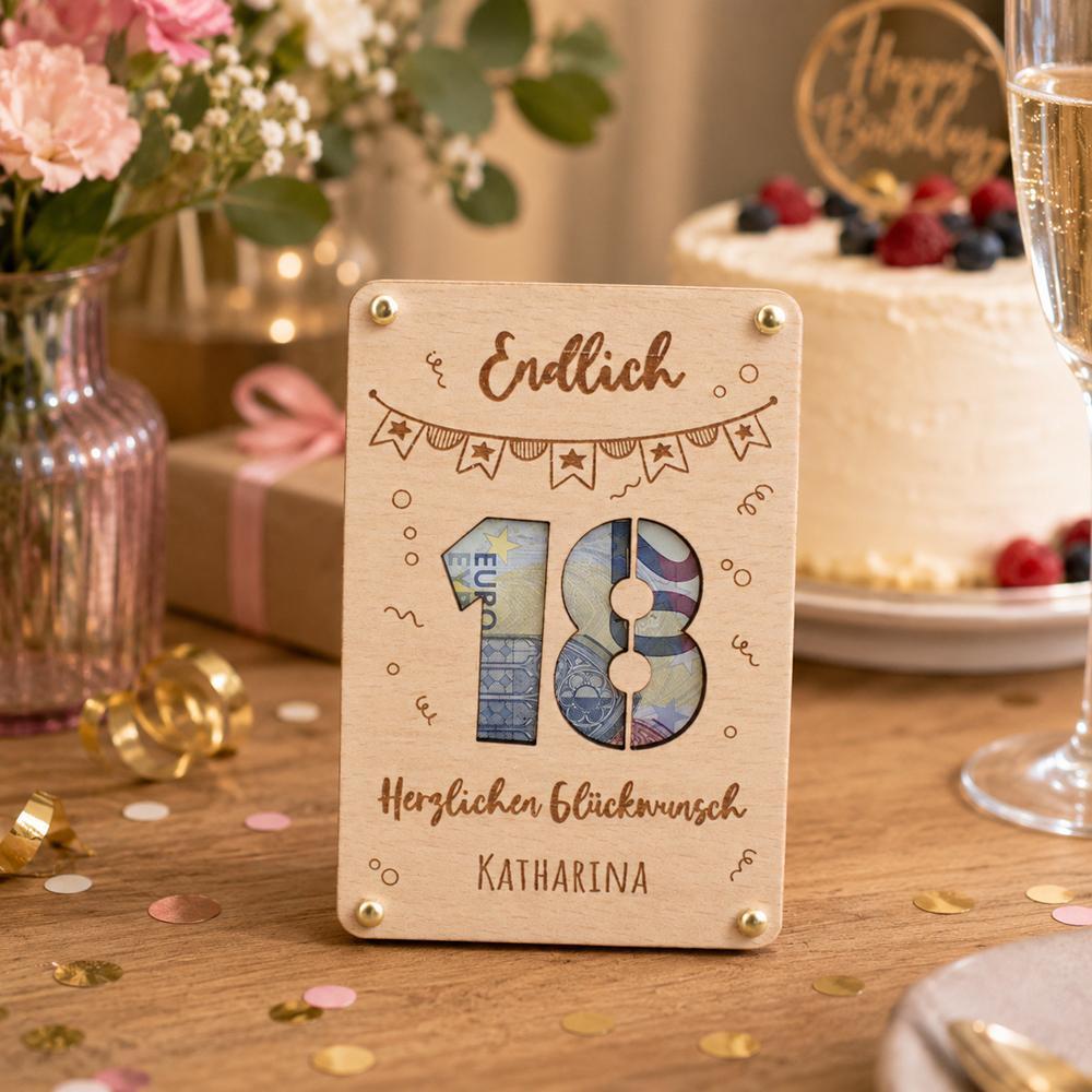 Geldgeschenk zum 18. Geburtstag aus Holz - Personalisierte Geschenkverpackung mit Name | Happy Birthday 18