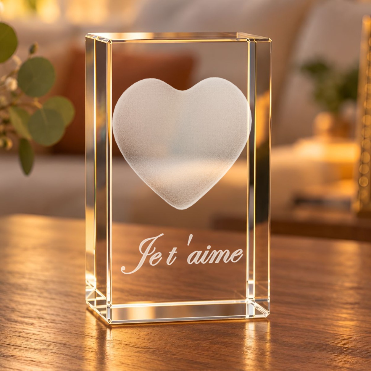 Glaskristall Herz mit Schriftzug „Je t’aime“ in 3D-Innengravur, beleuchtet auf einem Holztisch im Wohnzimmer
